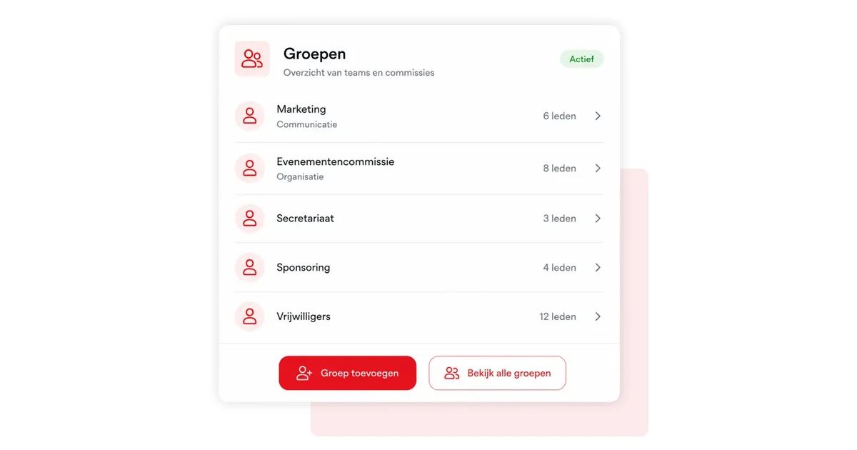 Groepenoverzicht in 4planning met teams en commissies en het aantal leden per groep