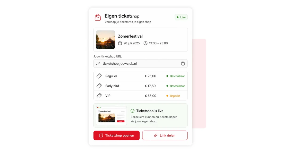 Ticketshop van een vereniging in 4planning met kaartsoorten en ledenprijs