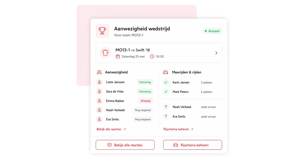 Wedstrijdaanwezigheid en rijschema per team in 4planning, als alternatief voor SportEasy
